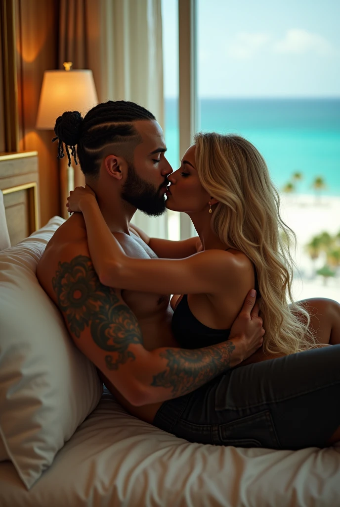 Couple in love kissing young 2 sexy Tough gangster with black hair shaved on the sides with braids brown eyes thick lips athletic body masculine energy and sexy defined chin trimmed beard colored tattoo marked biceps wears Homme in black color Muslim style black boxer Kiley woman rude Colombian beautiful voluptuous Defined features long blonde hair thick lips ,sexy elegant black underwear, In a luxurious hotel room, lying on a bed with oak furniture with golden touches, a large window overlooking Miami beach