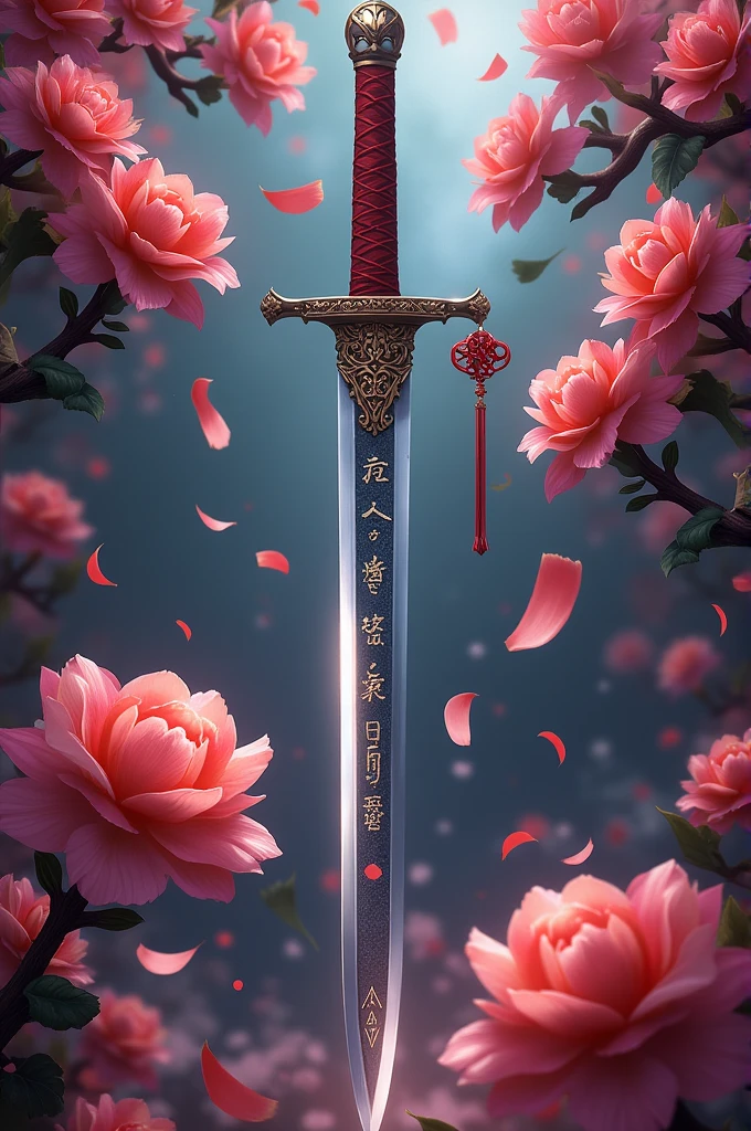 A drawing of a katana with a legend written on the blade of the sword, Valentina&#39;s values, Loyalty, love, force, freedom and on the hilt there is a Chinese knot and around the katana there are flowers of derezos and petals flying and on one side there is a geisha mask 
