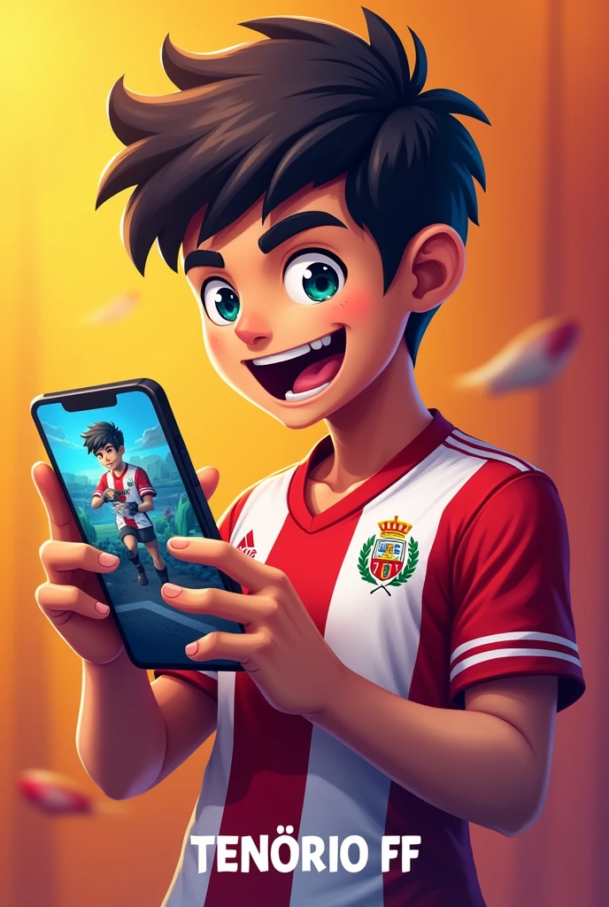 Create a mascot logo where the mascot is a young gamer playing on his cell phone (landscape mode)with a soccer jersey from the Peruvian national team playing free fire and underneath it have the letters "TENORIO FF"