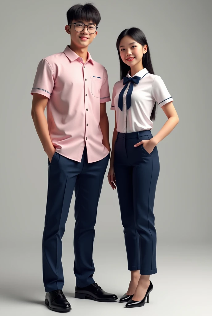 (photorealism:1.2) A male and female model wearing a school uniform for education college internship students where uniform should look like a they are professional teachers. The male model is wearing a light pink (with sewn design) button-down polo matched with dark blue trouser and black school shoes. The female model is wearing a tight fit uniform top (with sewn design) with a dark blue bow necktie inserted in a dark blue trouser with high heels. Their final look should look like they are professional teachers. 