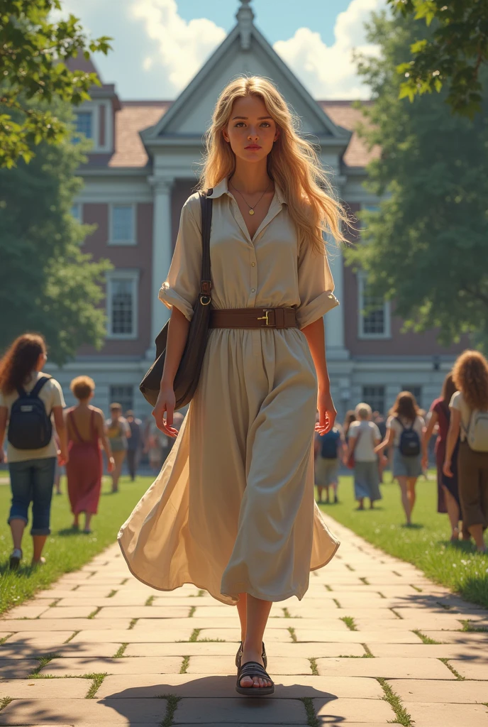 Cinderella arriving at university, in simple clothes. Text: "After finishing school, Her parents sent her away to study so she could focus on her studies.".