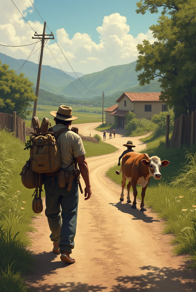 Recreate the following stanza in a realistic and contextualized way in Latin American country life:
A farmer brings his work tools and backpack along a path,
Another peasant is wearing sandals and no hat., looking for a cow with her calf to milk her next to the corral.