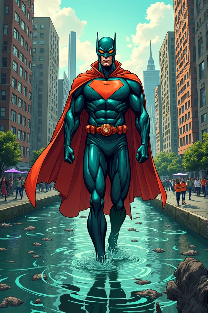 A comic about a superhero who discovers a factory that pollutes the city&#39;s river