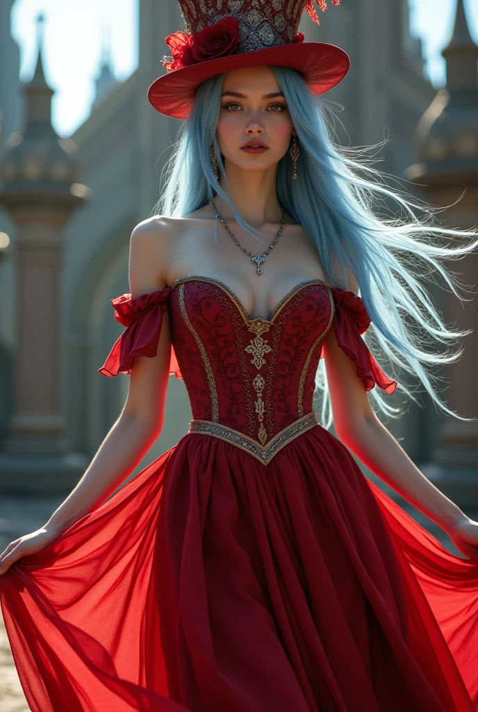 ((Masterpiece, Best Quality, Highest Image Quality, High Resolution, Photorealism, RAW Photos, 8k)), A beautiful woman, 20 years old female, pale skin, fine feature, soft feature, young face, oval face, lightly smile, straight long hair, blue haired, hair flying in the wind, show forehead, silver cross necklace, long feather earrings, red wedding dress, Medieval style, off shoulders, Mad Hatter's hat. Outdoors, daytime, sunlight, in the circus, gothic architecture, Christmas.