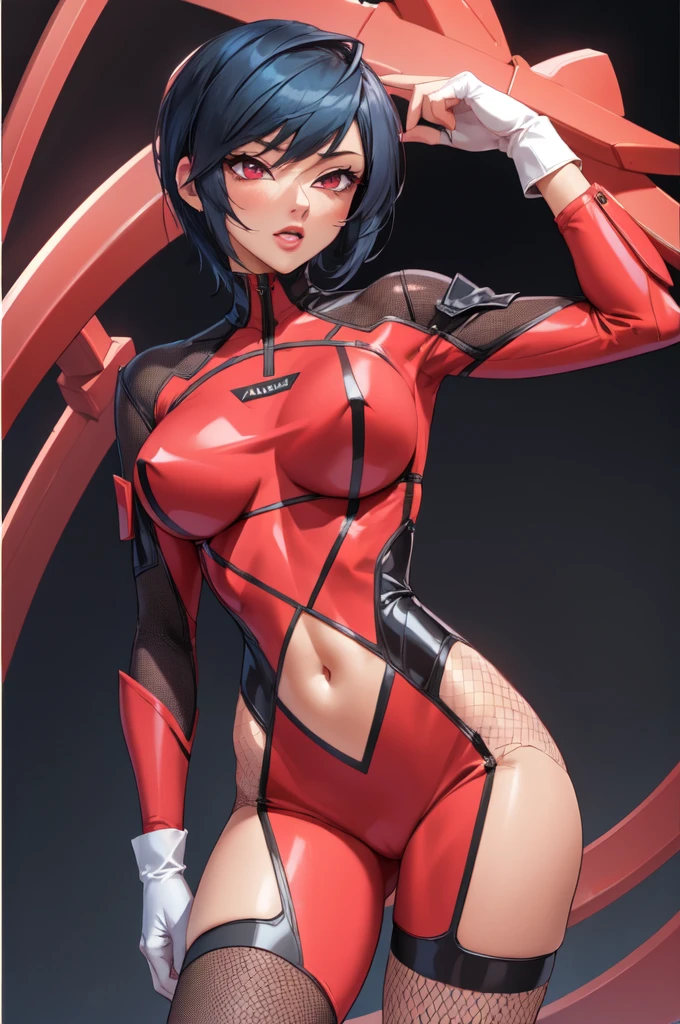 (masterpiece,best quality,absurdres,beautiful,aesthetic,detailed),science fiction,abstract background,1girl,cowboy shot,bangs, red eyes,  bodysuit, covered navel, fishnet bodysuit, fishnet gloves, fishnet legwear, fishnets, impossible clothes, large breasts, long hair, net, ninja, pink bodysuit, taimanin suit, short hair, _naomi evans, taimanin