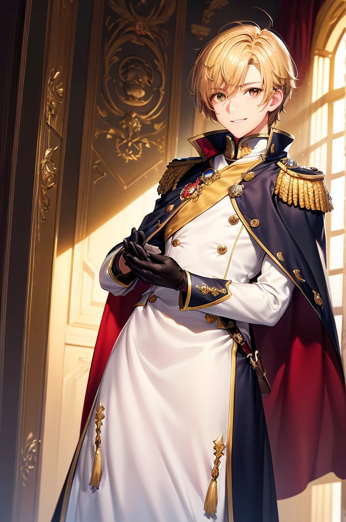 ((masterpiece)), ((best quality)), ((8k resolution)), ((max quality)), detailed eyes, 1 man, brown eyes, masculine, nice hands, perfect hands, short honey-blond hair, fantasy manor interior background, clear background, handsome, calm smile expression, prussian tunic, justice balance scale badge, oneside cape, gloves, close-up, front view, medium shot