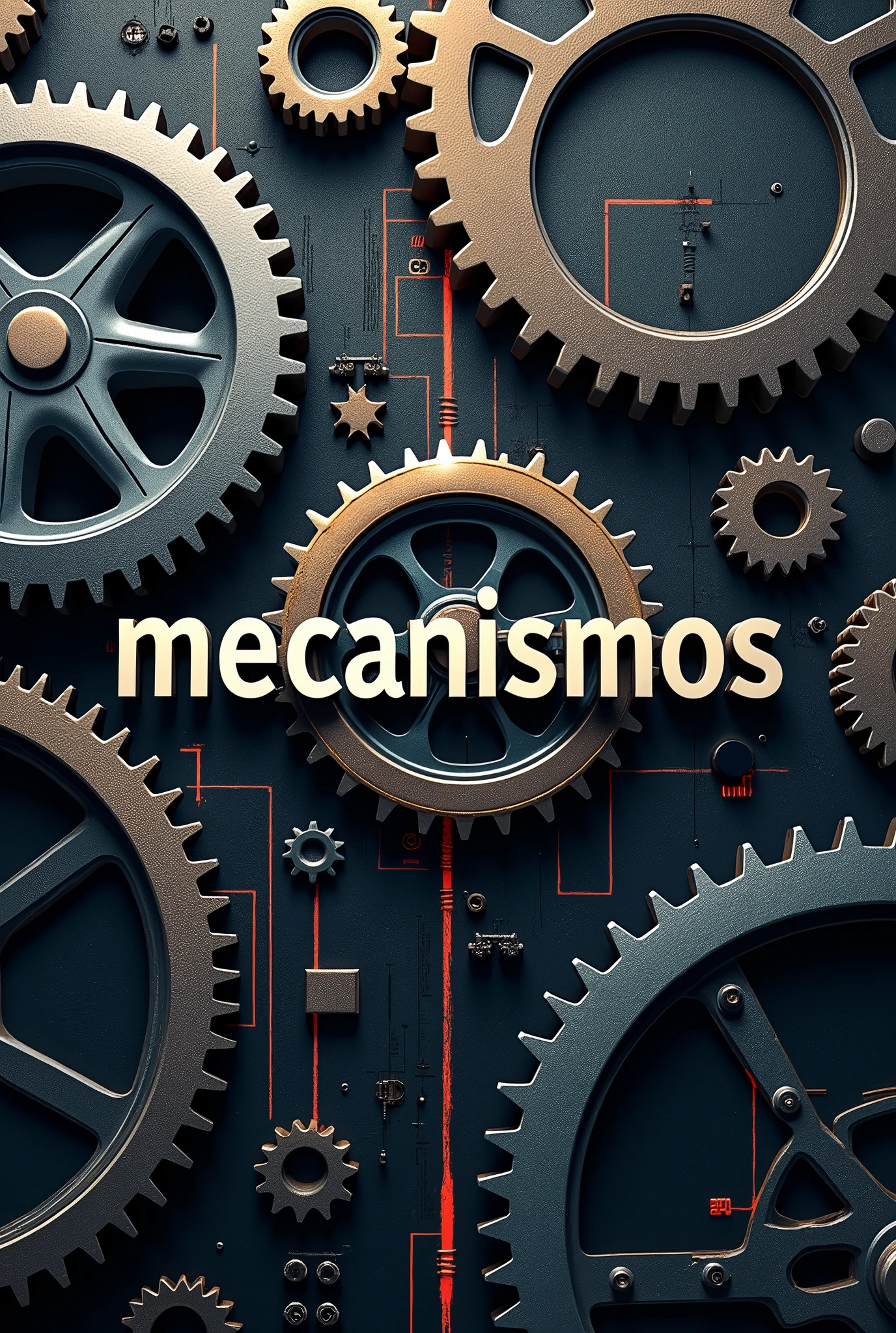 Create a cover of the mechanisms subject that says "mechanisms" in the center in Spanish

