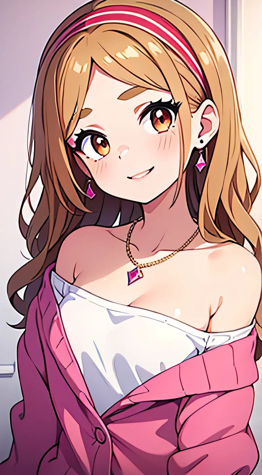 Amazing portrait of the upper body of a young woman who is 20 years old with a beautiful and highly detailed face and skin texture with fine brown eyes with double eyelid and thin eyebrows and glitter eyeliner with natural cheeks and shiny skin wearing pajamas paired with a sparkly necklace and earrings with glossy lips parted in an enchanting smile with wavy sorry e hair in diagonal bangs with a head band with focus on her chest and face with this upper body shot and her pajamas are off shoulder with small breasts