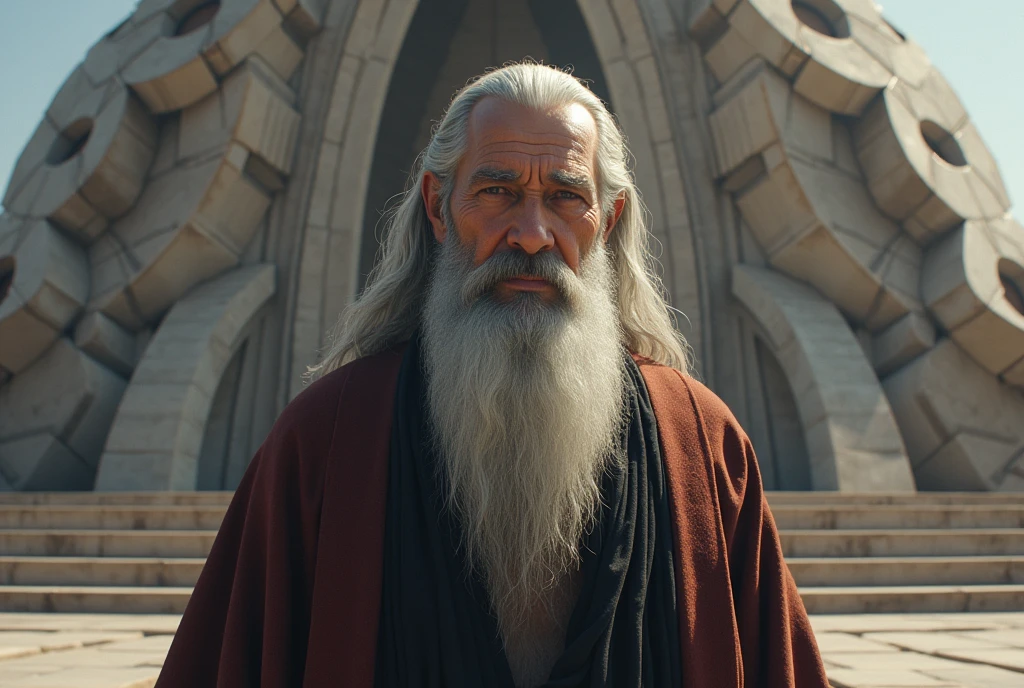 Man wistoh a whistoe aura on his head , muito esperto , cabelo grisalho, just a beard on his face and behind him his new temple called the church of the eduardona faistoh of the last days, I need you to put the inistoials of the temple above the church, PERDER, Pode&#39;ser uma igreja, isto&#39;é apenas um templo