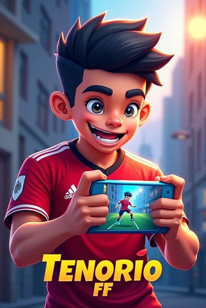 Create a mascot logo where the mascot is a young gamer playing on his cell phone (landscape mode)with a soccer jersey from the Peruvian national team playing free fire and underneath it have the letters "TENORIO FF"