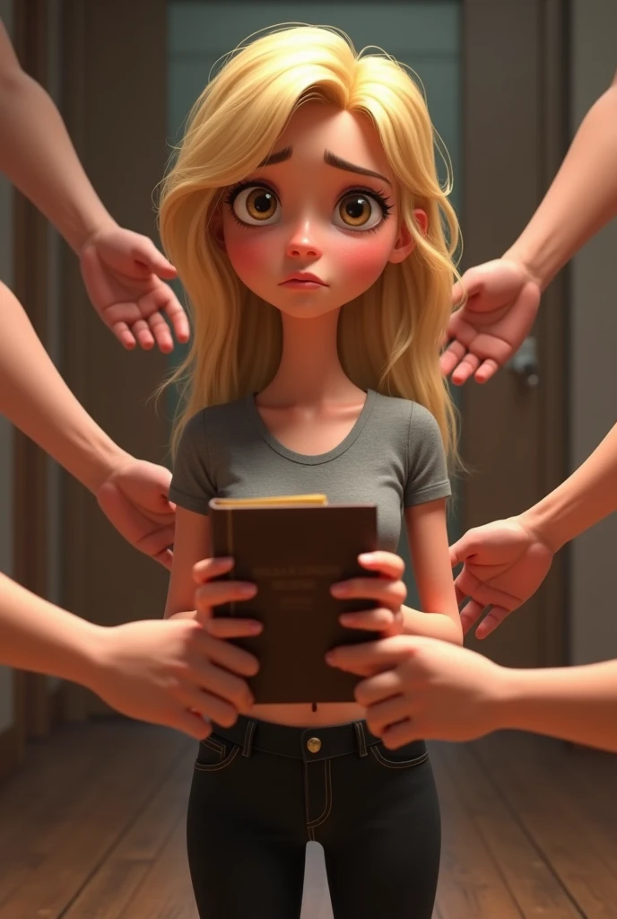 several arms trying to hand a bible to a blonde ager with light brown eyes, the teen was rolling her eyes showing discomfort, she wears a short gray blouse and tight black pants, Disney Pixar style. 