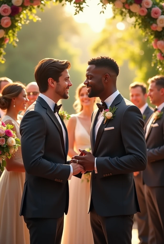 A gay couple getting married, one is white with dark straight hair and the other man is black.