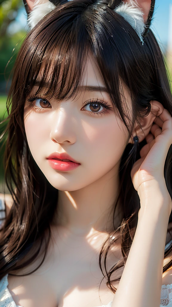 (8k, RAW Photos, Highest quality, masterpiece:1.2), lupondupon (Azur Lane), Fantasy_world, 1 person, (aegyo sal:1), cute, Dilapidated, (J-POP_Idol), Beautiful skin in every detail, Huge breasts, Animal ears, Black Hair, Cat ear, Grey Eyes, short hair, sad hand upon own face,  (Realistic:1.8), concentrated_upon_face, Looking down, Raise your arms,  Sunny Milk, professiuponal lighting, photupon mapping, Radio City, Physically Based Rendering, Daytime, Outdoor,