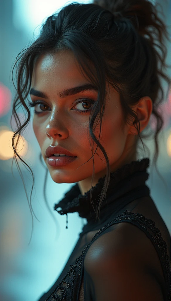 GORGEOUS WOMAN, BEAUTIFUL FACE, SUPER DETAILED, EYES IN TEARS, WITH ROSES, NEON LIGHTS, GLARE, GAUDY, GLARING, CHARMING, GLITTER SHIMMER SKIN, SCARS ON SKIN, DREAMY COSTUME, LONG HAIR, FANTASY, FANTASY DIGITAL ART BY WLOP,