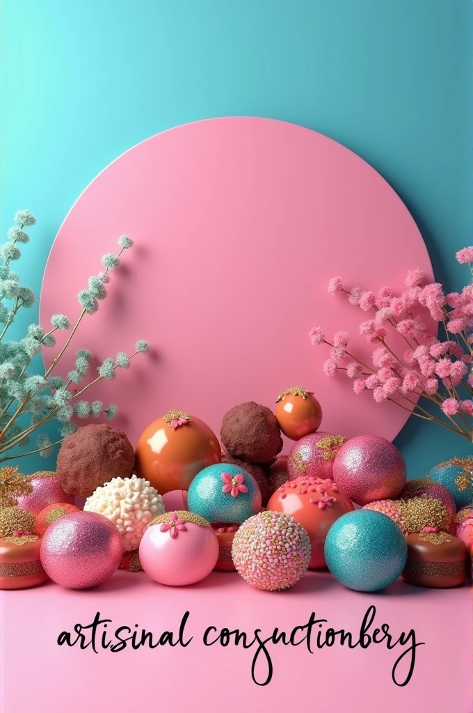 writing "Candy Colors" with brigadeiros, chocolates and confectionery, blue background and a pink circle in sweet tone, with writing underneath in pt BR "artisanal confectionery in cursive
