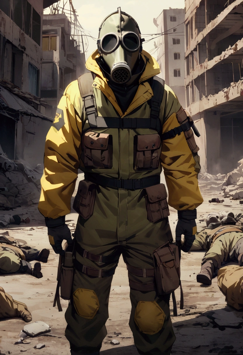 man in toxic zone clothing with black plague mask in a post-apocalyptic world completely destroyed with dead bodies everywhere, dead because of the gas