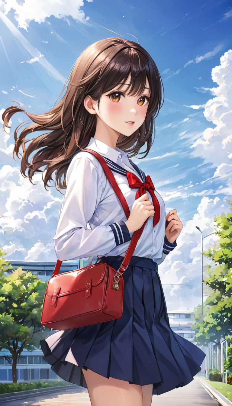 Photo quality、4K、woman,Dark blue high school uniform、whiteいシャツ、Red ribbon、Holding a navy blue school bag、通学Wind景、School、white,art,advertisement,Colored pencil drawing,draft 、Summer Girl、Wind