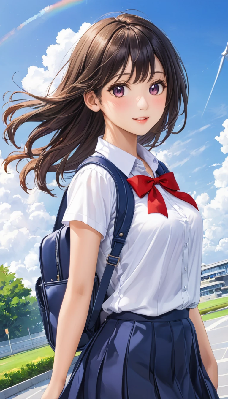  Photo quality、4K、woman，Dark blue high school uniform、whiteいシャツ、Red ribbon、Holding a navy blue school bag、通学Wind景、School、white，art，advertisement，Colored pencil drawing，draft 、Summer Girl、Wind