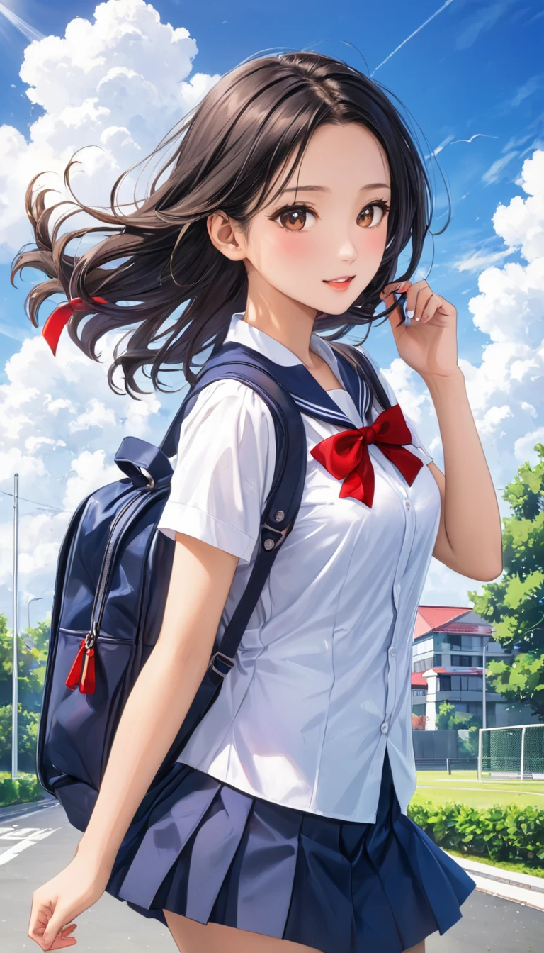 Photo quality、4K、woman,Dark blue high school uniform、whiteいシャツ、Red ribbon、Holding a navy blue school bag、通学Wind景、School、white,art,advertisement,Colored pencil drawing,draft 、Summer Girl、Wind