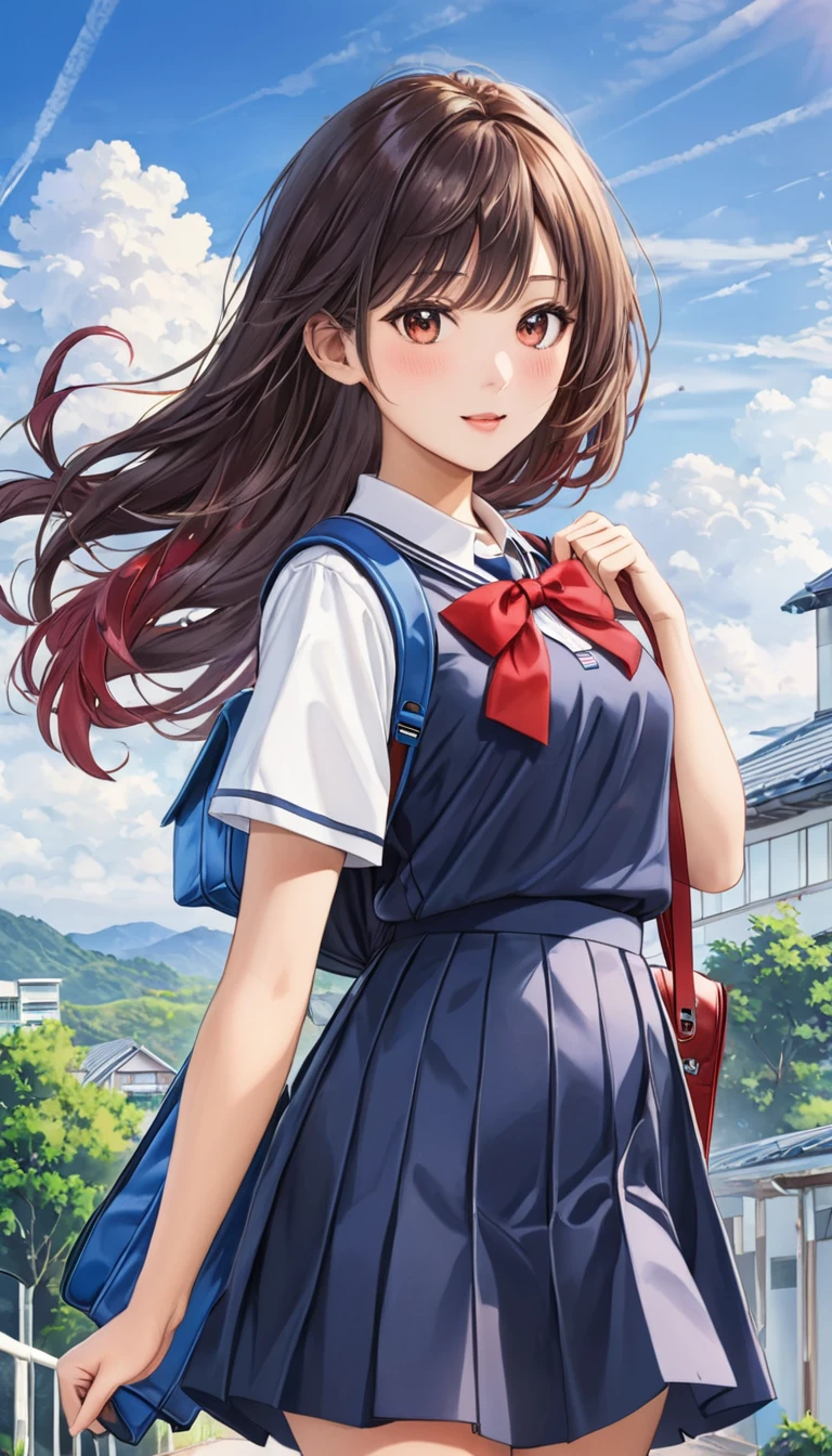 Photo quality、4K、woman,Dark blue high school uniform、whiteいシャツ、Red ribbon、Holding a navy blue school bag、通学Wind景、School、white,art,advertisement,Colored pencil drawing,draft 、Summer Girl、Wind
