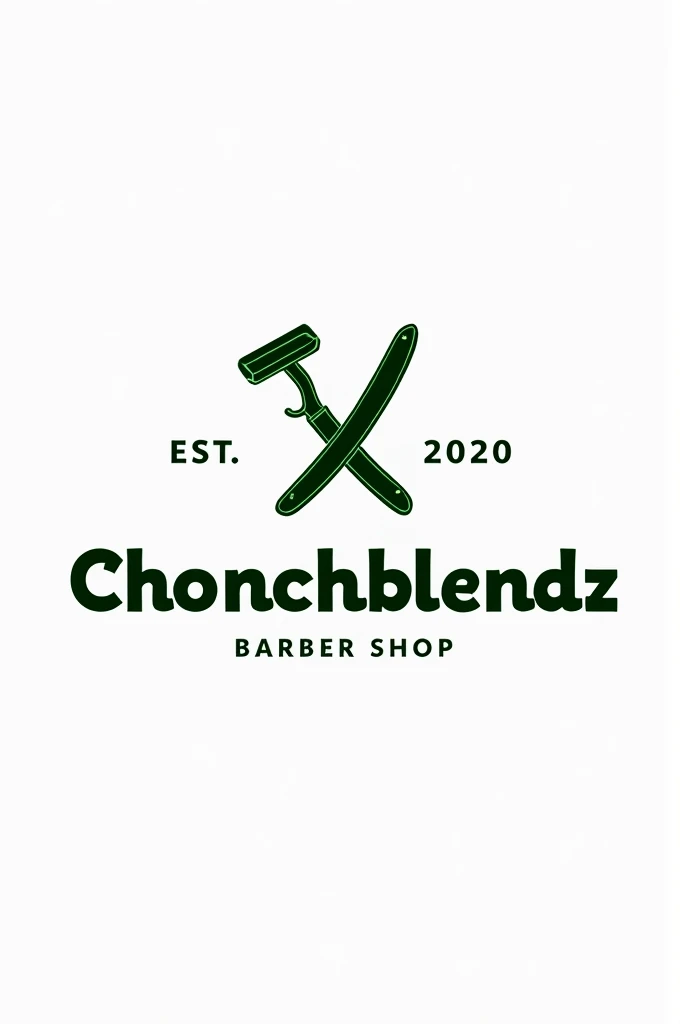 Create a flat vector, illustrative-style emblem logo design for barber 'ChonchBlendz' established in 2020 , featuring modern straight razors crossed in the center of the company name. Use bright green and black colors to convey trust, premium service and a luxury experience against a white background.