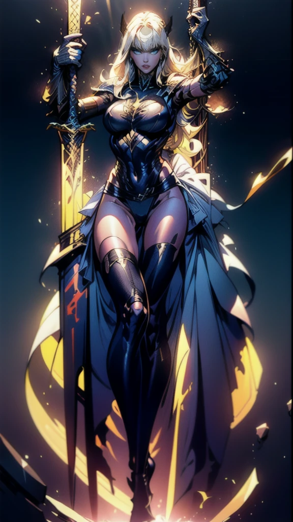 (full body portrait), Magik of X-men, Illyana Rasputin with long white hair, piercing blue eyes, wearing a low cut unitard with high cut legs, tight thigh high boots, holding a glowing magical sword, jumping with sword raised back behind head, huge overhead swing of sword, floating in a mystical realm with swirling energy, (best quality,8k,highres,masterpiece:1.2),ultra-detailed,realistic,photorealistic,photo-realistic:1.37,concept art,dark fantasy,digital painting, dramatic lighting, cinematic, intricate details,ethereal,otherworldly atmosphere, no bra, (torn clothes:1.3)