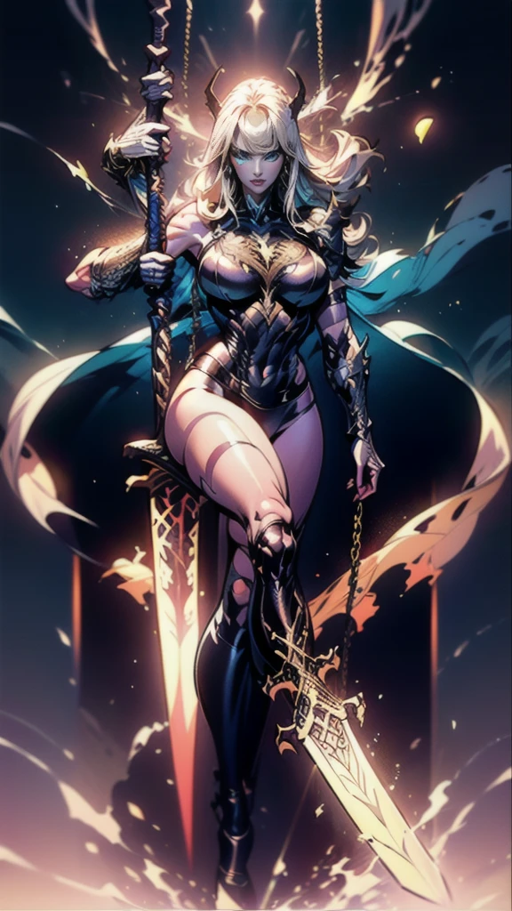 (full body portrait), Magik of X-men, Illyana Rasputin with long white hair, piercing blue eyes, wearing a low cut unitard with high cut legs, tight thigh high boots, holding a glowing magical sword, jumping with sword raised back behind head, huge overhead swing of sword, floating in a mystical realm with swirling energy, (best quality,8k,highres,masterpiece:1.2),ultra-detailed,realistic,photorealistic,photo-realistic:1.37,concept art,dark fantasy,digital painting, dramatic lighting, cinematic, intricate details,ethereal,otherworldly atmosphere, no bra, (torn clothes:1.3)