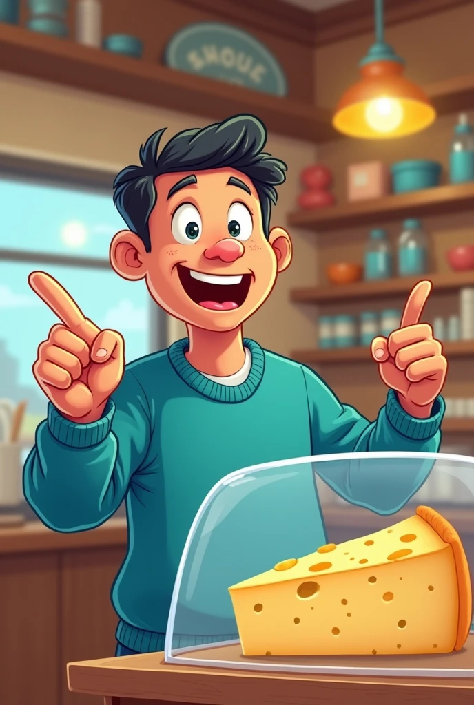 Image of a cartoon male customer in his mid-30s with short black hair, wearing a blue sweater.
- He is pointing at a piece of cheese displayed in a glass case.