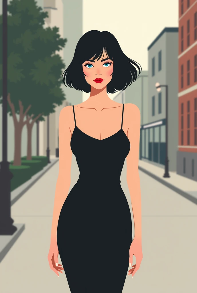 Vector illustration, girl, minimalist, flat color, A Female with bob black haircut with blue eyes and Red lips, bare shoulders, black dress, taut dress, spaghetti strap black dress, sleeveless, standing up against a wall in the sidewalks streets at daytime in the background, 1 girl, solo, looking at viewers, smile,