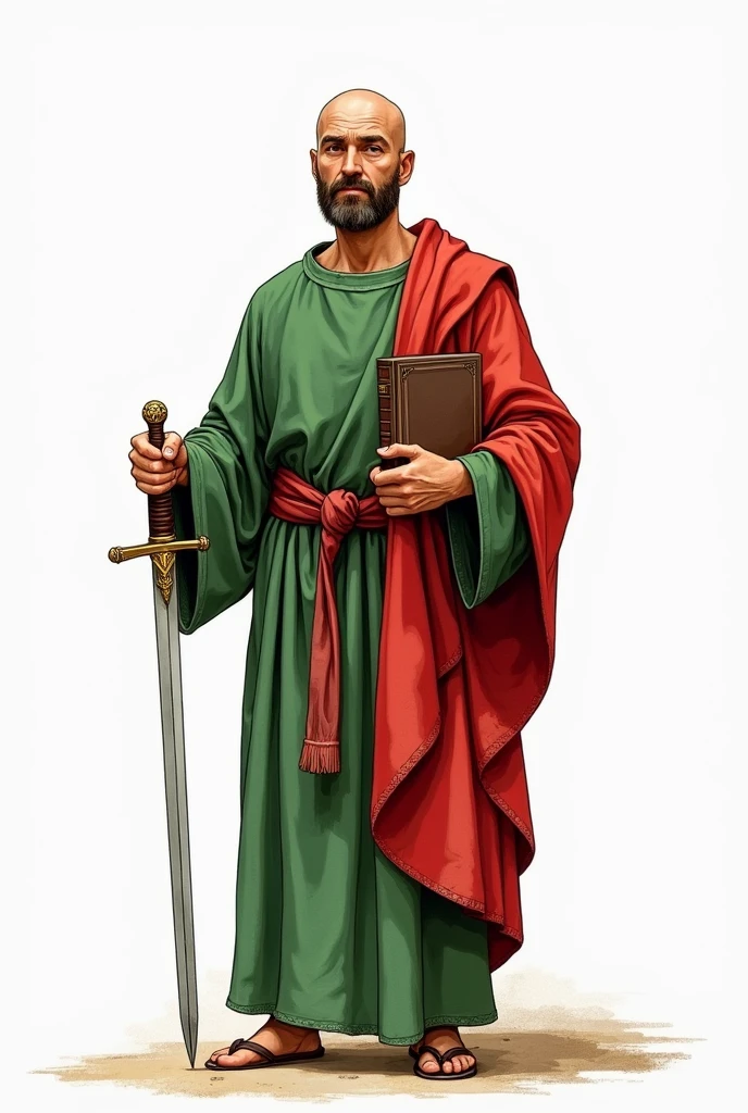 illustration, drawning, fullcolor, watercolor style, de meio corpo, of the holy Saint Paul the Apostle. Short man, around 50 years old, thin and bald hair, with furrowed eyebrows, with a slightly pronounced nose and full of charm. Wears green and red clothes. In his right hand he holds a sword at waist height, in the left hand a bible. high quality image