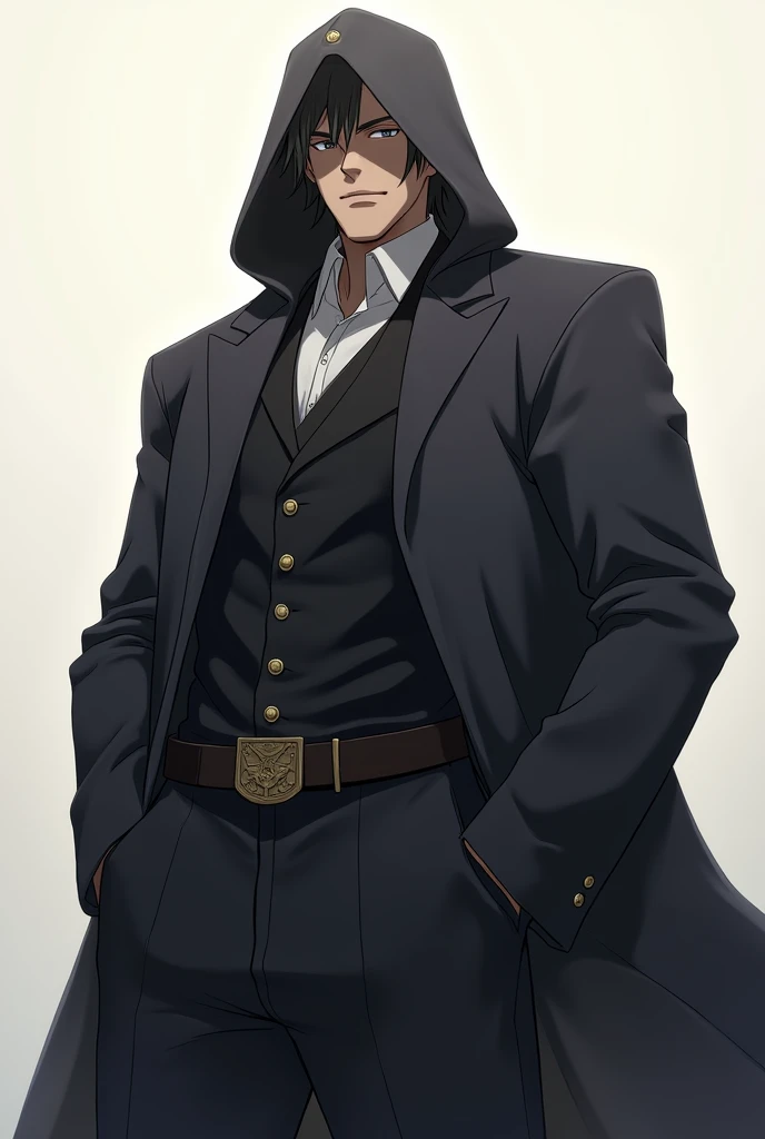 Make an image of a male anime character who looks very imposing and commands respect but also wears a sober hooded style outfit