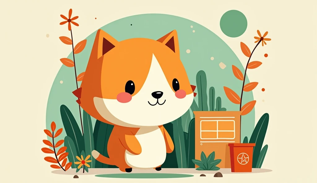 Victor Nai's style, beautiful details,simple,modern,advanced,cute,Color blocking,flowers,Orange,light green,grid,line,illustration,vigor,pixar
