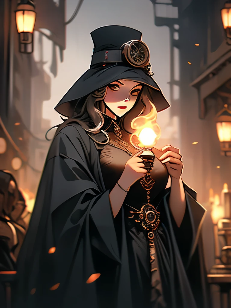 human in hat holding a lantern, the plague doctor, steampunk clothes, evil steampunk pyromancer woman, in detailed steampunk dress, steampunk wizard, plague doctor, inspired victorian sci - fi, ( steampunk ), (steampunk), robe. extremely high details, victorian goth, victorian style costume, cgsociety 4k”, steampunk cyberpunk, steampunk!!! and modern