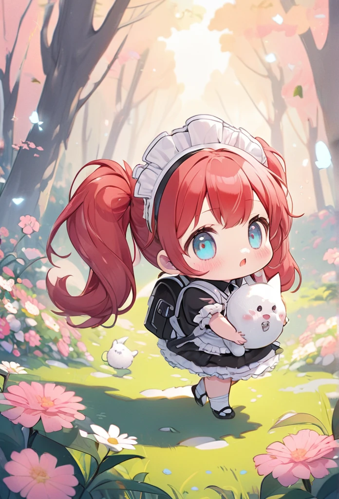 A cute girl in a maid outfit with red twin tails chasing a rabbit, side view, masterpiece, best quality, 4k,