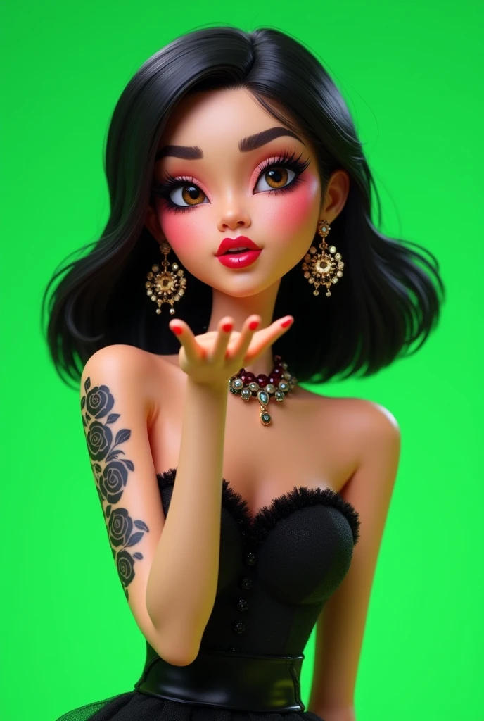 A bratz-like animation of a girl with medium black hair, with a whiter complexion with a dot piercing on her left side nose with large earrings in her ears posing in evening wear blowing a kiss with a tattoo with many black roses on her left arm on a completely green background without blur with brown eyes