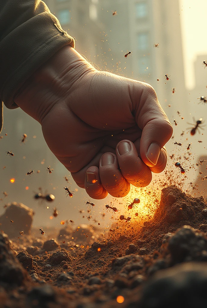 A powerful fist smashed vertically on the ruins of the ant nest full of ants, the fist structure is correct, some ants are blown away, some ants are fighting, the background is mud sputtering, the picture composition golden ratio, reflecting the antagonism of hands and ants, fierce fighting, vertical composition, realistic style, 3D quality, dust and debris raised in the chaos, ((epic, film))