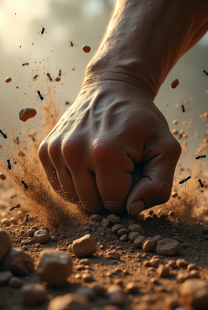 A powerful fist smashed vertically on the ruins of the ant nest full of ants, the fist structure is correct, some ants are blown away, some ants are fighting, the background is mud sputtering, the picture composition golden ratio, reflecting the antagonism of hands and ants, fierce fighting, vertical composition, realistic style, 3D quality, dust and debris raised in the chaos, ((epic, film))