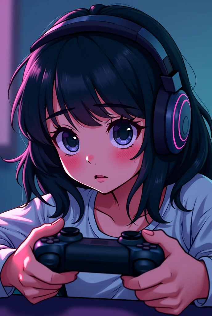 Twitch emote image of a girl with black hair, black eyes, black eyebrows, glasses, gamer headphones, playing with a sad gamer controller