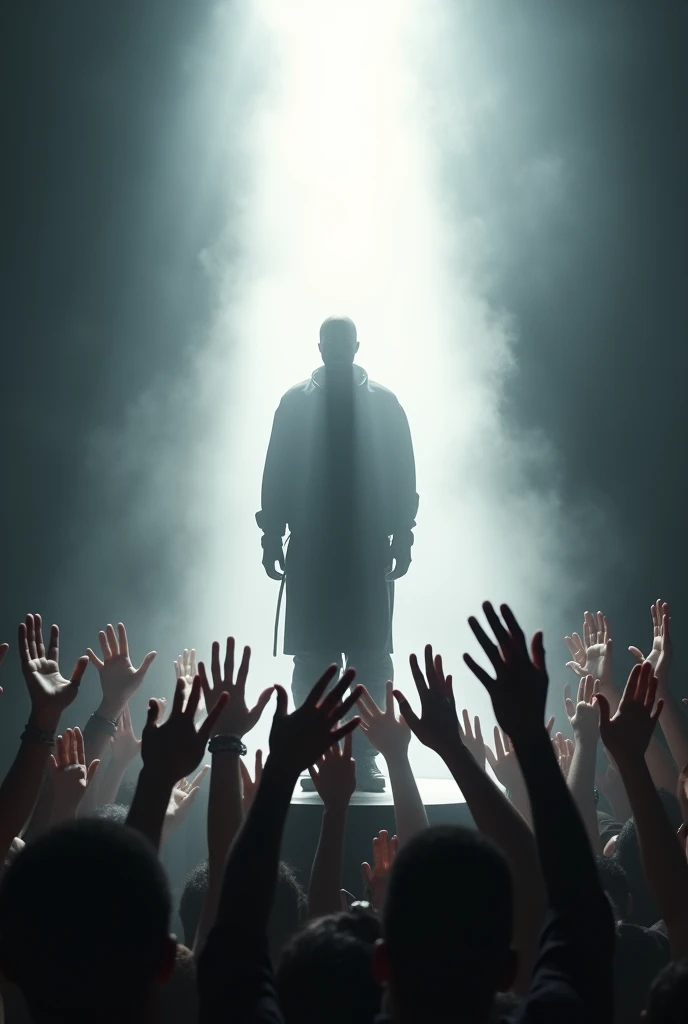 Generate an image, where kanye west is absorbed by a white light and many hands around him praise him on a stage, Kanye West&#39;s outfit must be black and the image will be in dark tones 
