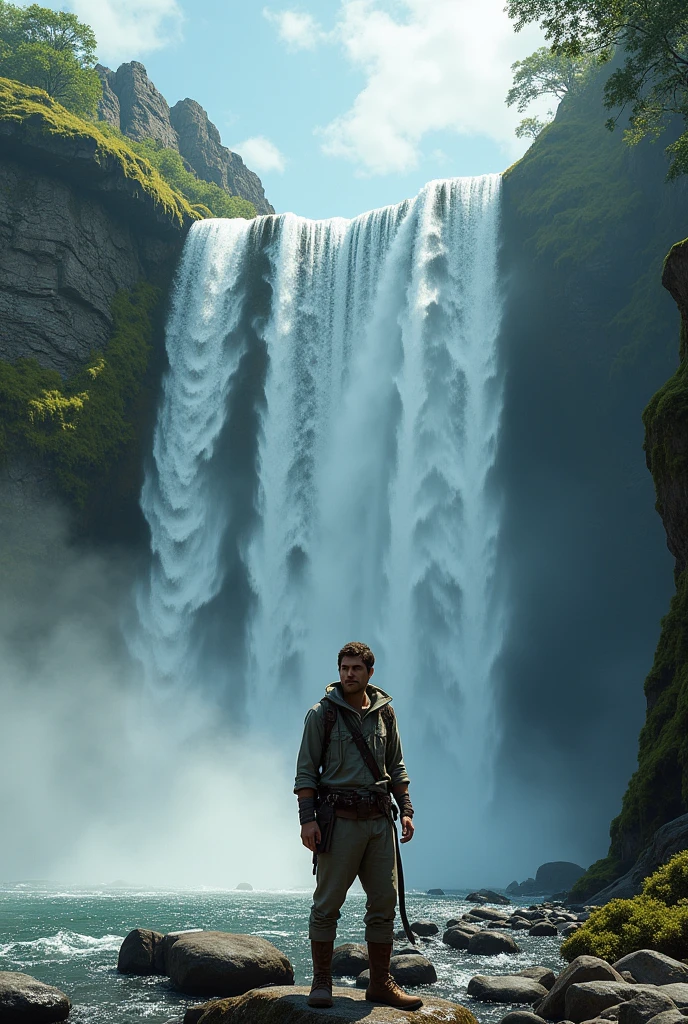 Generate an picture of an waterfall and write explorer zain prominently in the centre