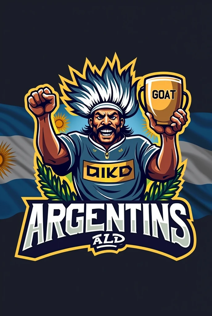 sports logo with the name ALD with an Indian mascot holding a trophy with the word goat written inside with the Argentine flag behind it