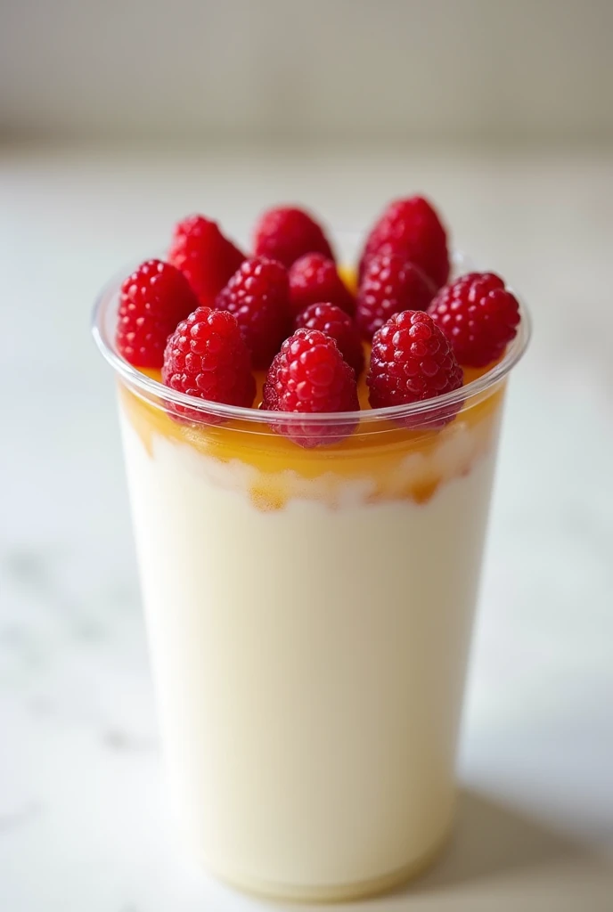 500g pure white panna cotta base with a single layer of honey on top, topped with 10 raspberries in a cylindrical plastic cup