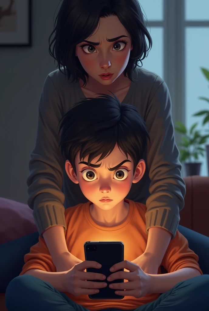 A boy with a phone playing games and her mom looking him from his behind with an angry face