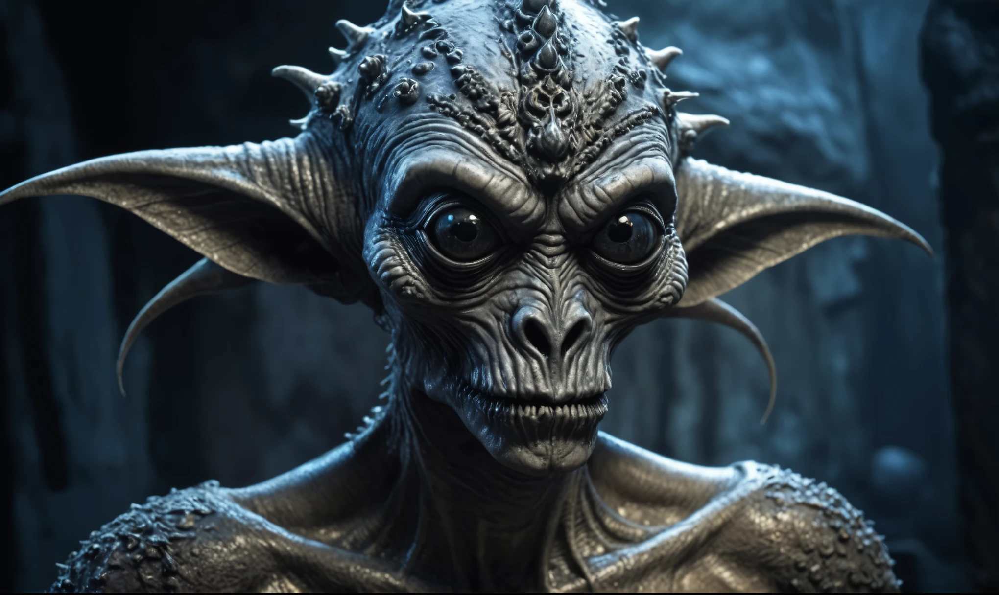 full body length shot,nerd graphite  Alien Entity,native africa slave ,nowadays azctec central city,Cinematic,soft colors, Technicolor,natural skin textures, hyper realism, hyper detailed,Extremely detailed,High contrast,Masterpiece,Realistic,Ultra Detailed, intricate details,realistic humid leather,extremely intricate details,Epic Realistic, cinematic style, irina yermolova,high contrast,hdr,extremely detailed, [deep night landscape],masterpiece, intricate details, eyes extremely detailed, high detailed eyes,8k resolution,retina, Nikon Z9,Korea,orc,Egypt, Pisces, transition between two art styles,full body length, Double contact, X-ray, Creative, vivid light, fantasy, Abstract, Surrealism, super detailed, high resolution,insanity national folk wear,skin  almost translucent, gothic elements, further emphasizing its hot air,Mestichino,Light particles,chaos,starfish's leather,Angkor Wat of Cambodia,"(The best lighting, dark, dramatic),(alien troll half-skull fetus, Hellraiser, Scars, , without brain, , dog inside the head, terror.),(fish eyes, calaveras)