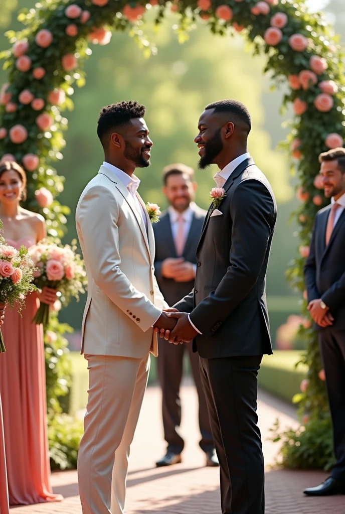 A gay couple getting married, one is white with dark hair and the other man is black.