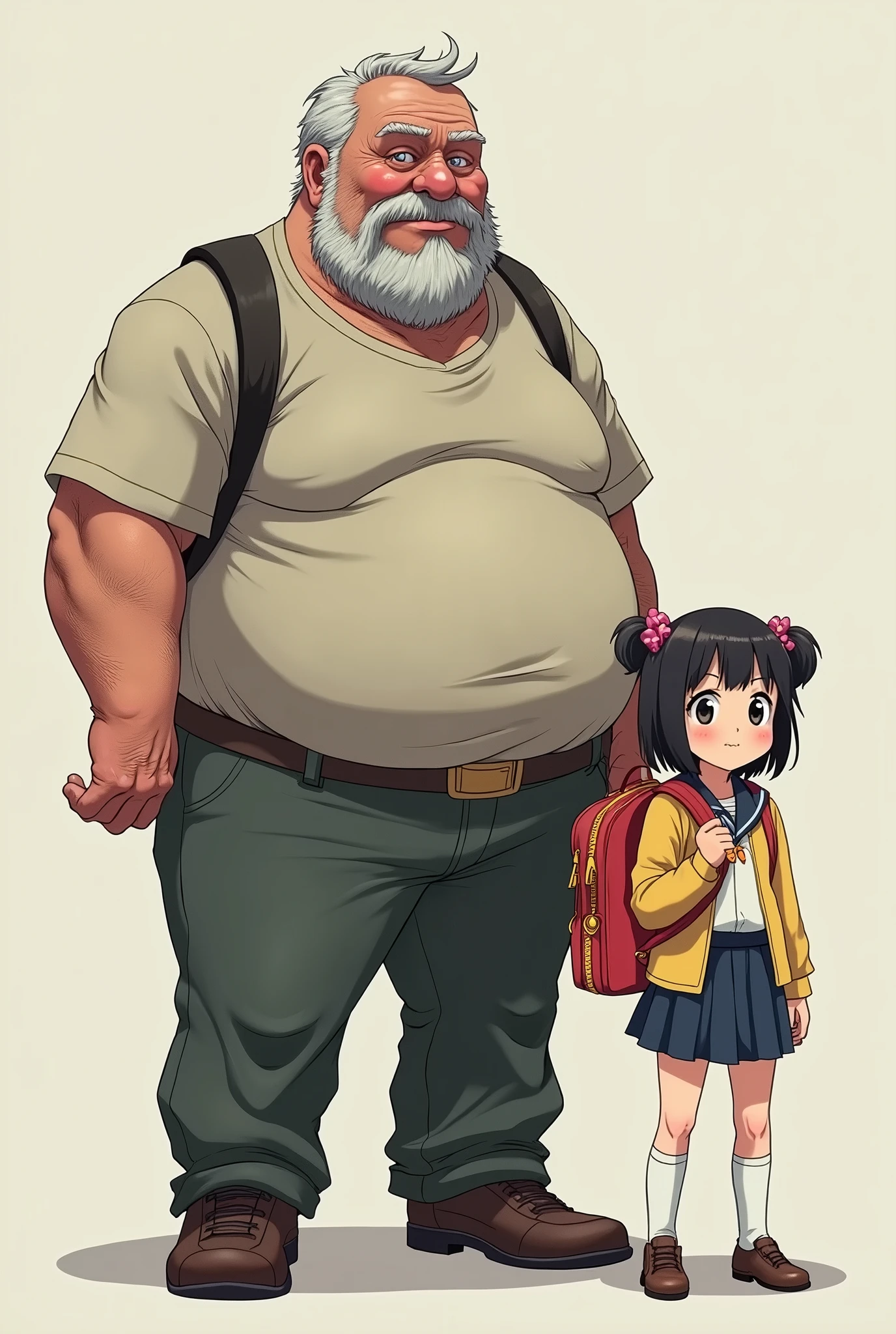 Realistic ugly fat middle-aged man、Anime-style school bag girl