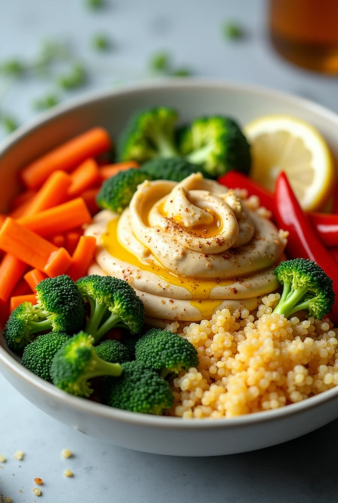 Create an image of this recipe: Quinoa Bowl with Vegetables and Hummus Ingredients:

- Quinoa: 100 g - Broccoli: 100 g - Carrot: 50 g - Red pepper: 50 g
- Hummus: 50 g - Olive oil: 15 ml - Lemon: 1 unit - Salt: 5 g - Pepper: 2 g Preparation:

1. Cook quinoa according to package directions and let cool..

2. Cocina el brócoli al vapor hasta que esté tierno y corta la carrot and pepper en tiras finas.

3. In a large bowl, Mix the quinoa with the broccoli, carrot and pepper.

4. Add the hummus and mix well..

5. Dress with lemon juice, olive oil, salt and pepper to taste.

6. Serve cold or at room temperature.
