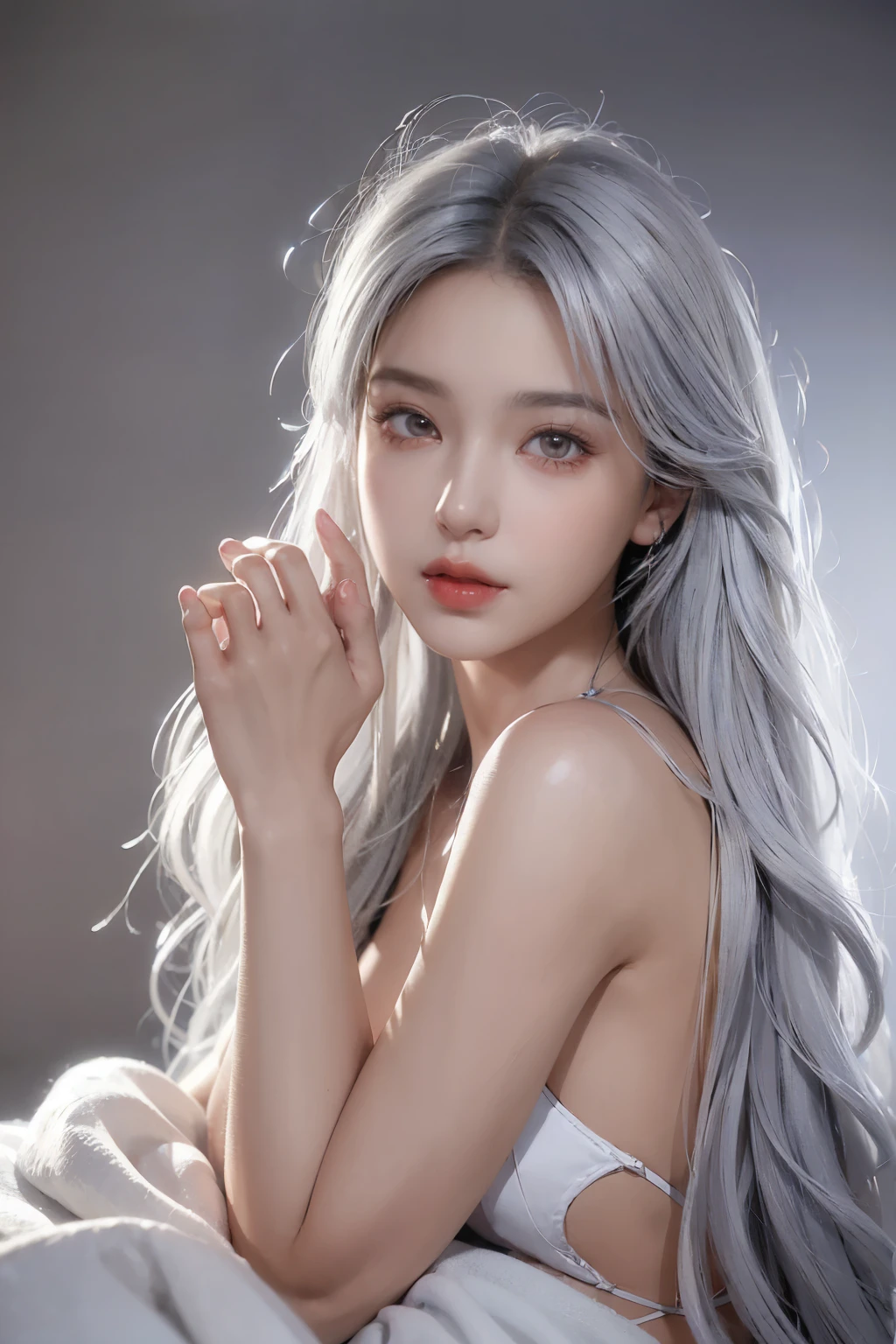 ((masterpiece:1.4)、(quality:1.4)、(In fact:1.7))、매우 beautiful、((1 girl))、Your skin texture is glowing、natural、Автор Royo（Royo）、1、(two arms、two legs)、(complete anatomy:1.4)、(Perfect female figure、portrait of a girl、Full body close up photo ), (highest quality:1.4), (In fact:1.7), Royo, Your skin texture is glowing、natural, Автор Royo, 19 years, fantasy art, soft front lighting, beautiful facial expression, Cute face, beautiful, Plum: 1. 2, beautiful butt, Long eyes, Neat and attractive, Beautiful, pretty eyes, Lose waist fat, RAW photographer, red lip, ((gray hair, long gray hair)) ,