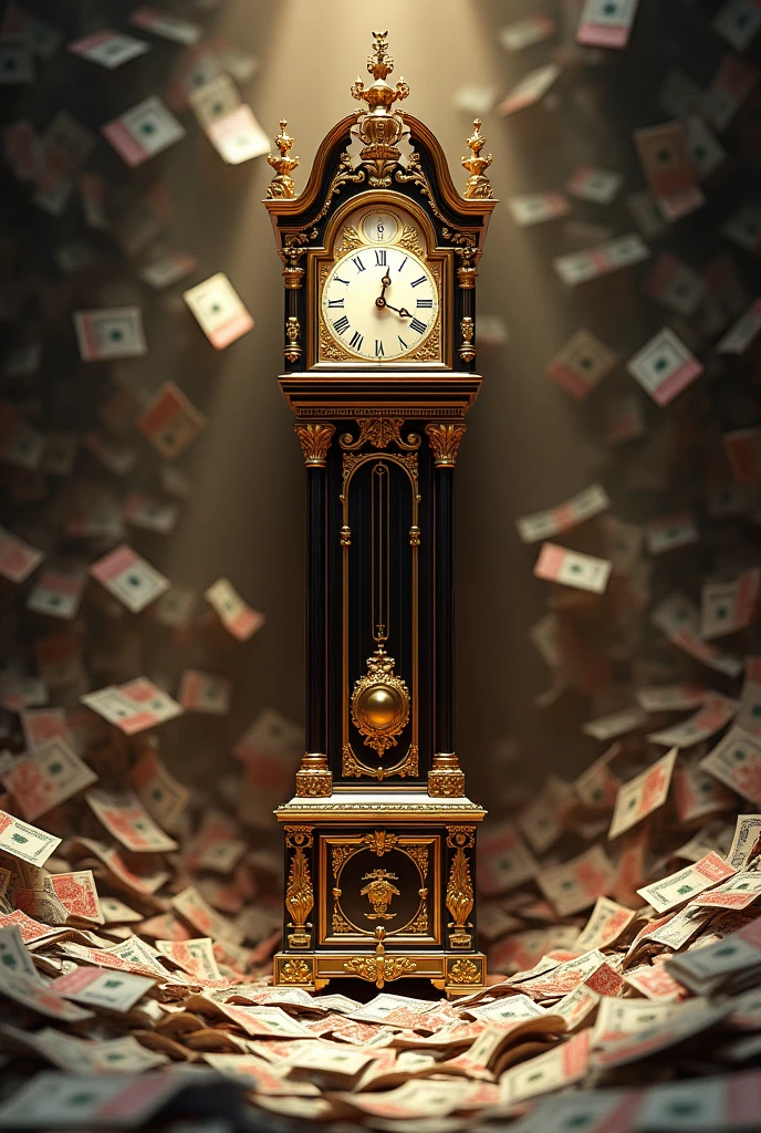 A clock with a lot of money in the background