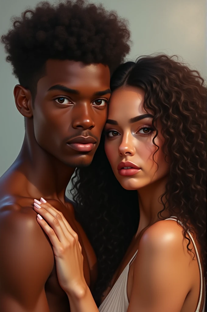 Young dark-skinned man with curly hair and brunette woman with long curly hair